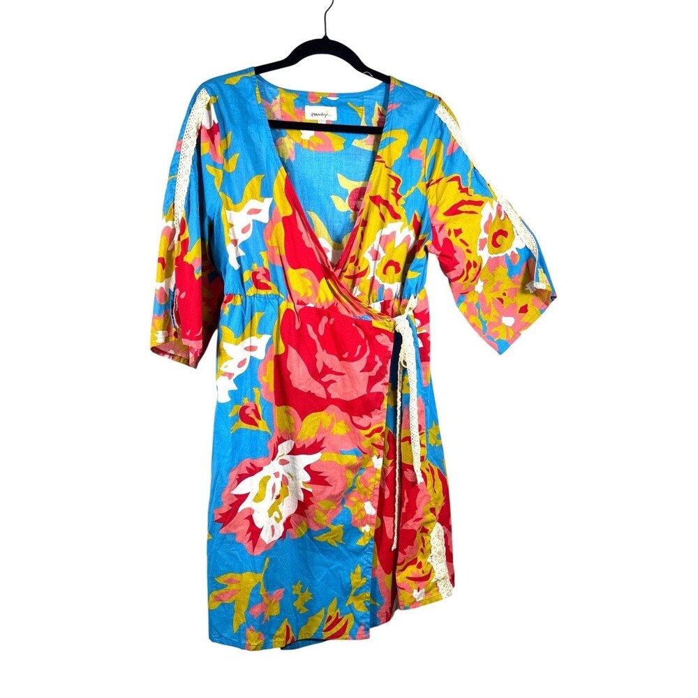 Porridge Womens Dress Size L Blue Floral Wrap Dress Kimono Sleeve Lace Trim